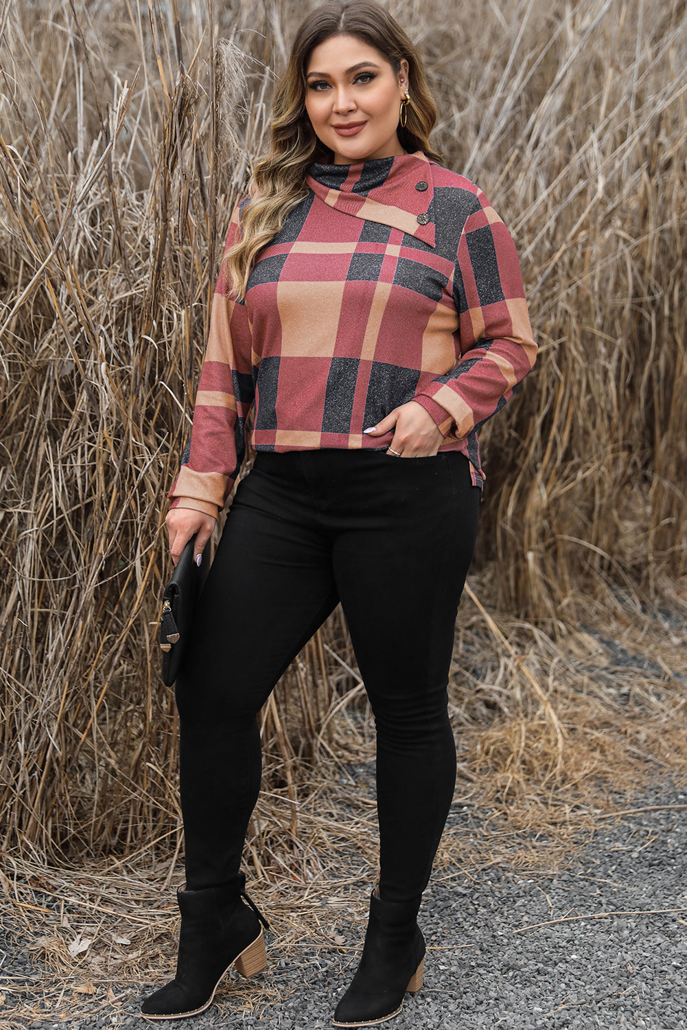 Mineral red plus size plaid top with asymmetric neckline and button details