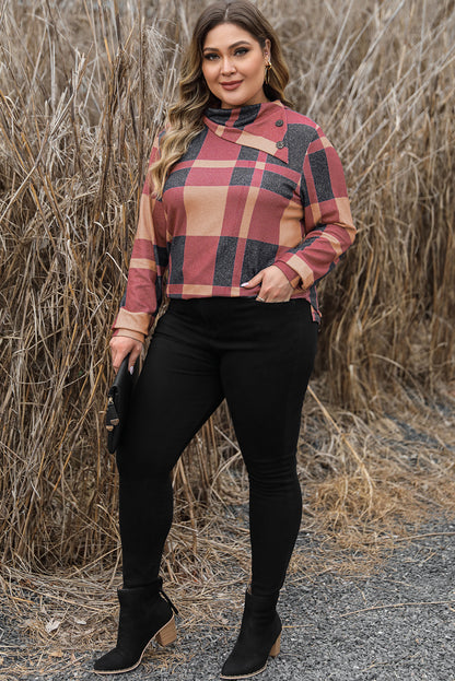 Mineral red plus size plaid top with asymmetric neckline and button details