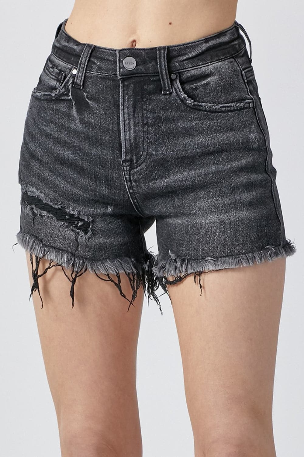 RISEN Raw Hem Denim Shorts with Pockets.