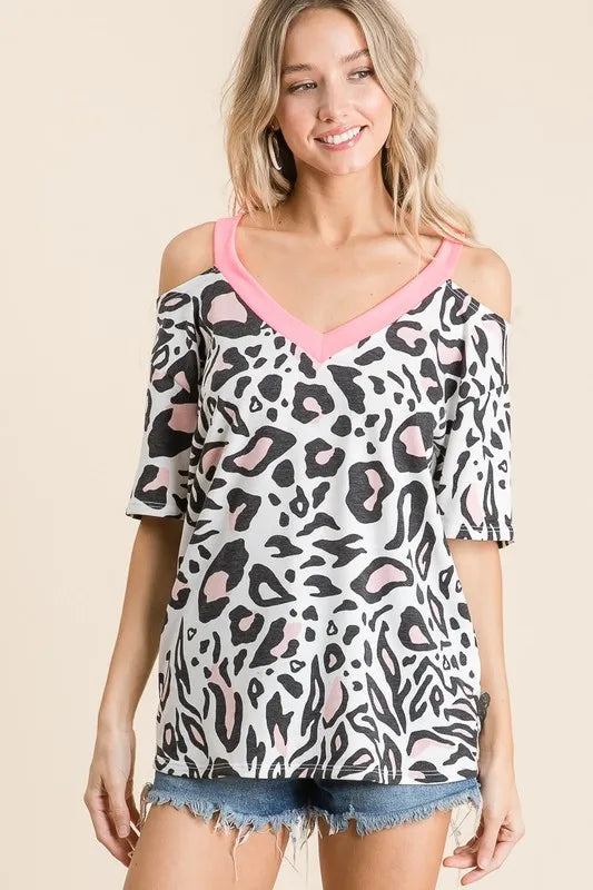 BiBi Leopard Print Top with Shoulder Cut Out - Love Salve 