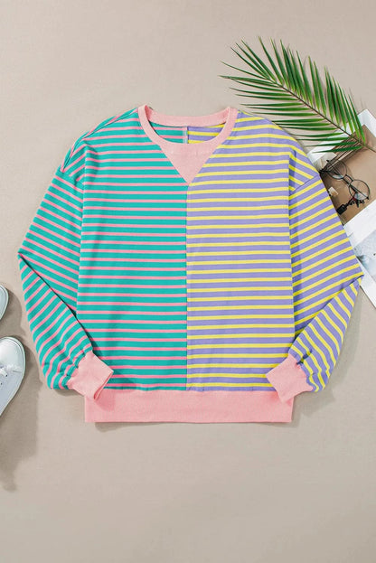 Contrast Stripes Round Neck Long Sleeve Sweatshirt.