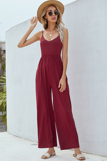 V-Neck Spaghetti Strap Wide Leg Jumpsuit.