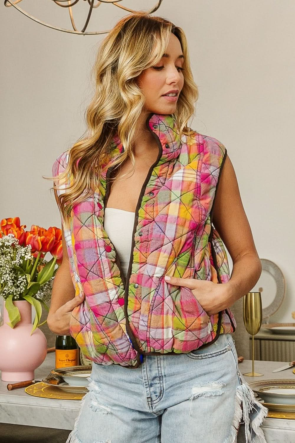 BiBi Plaid Quilted Vest - Cozy Layering