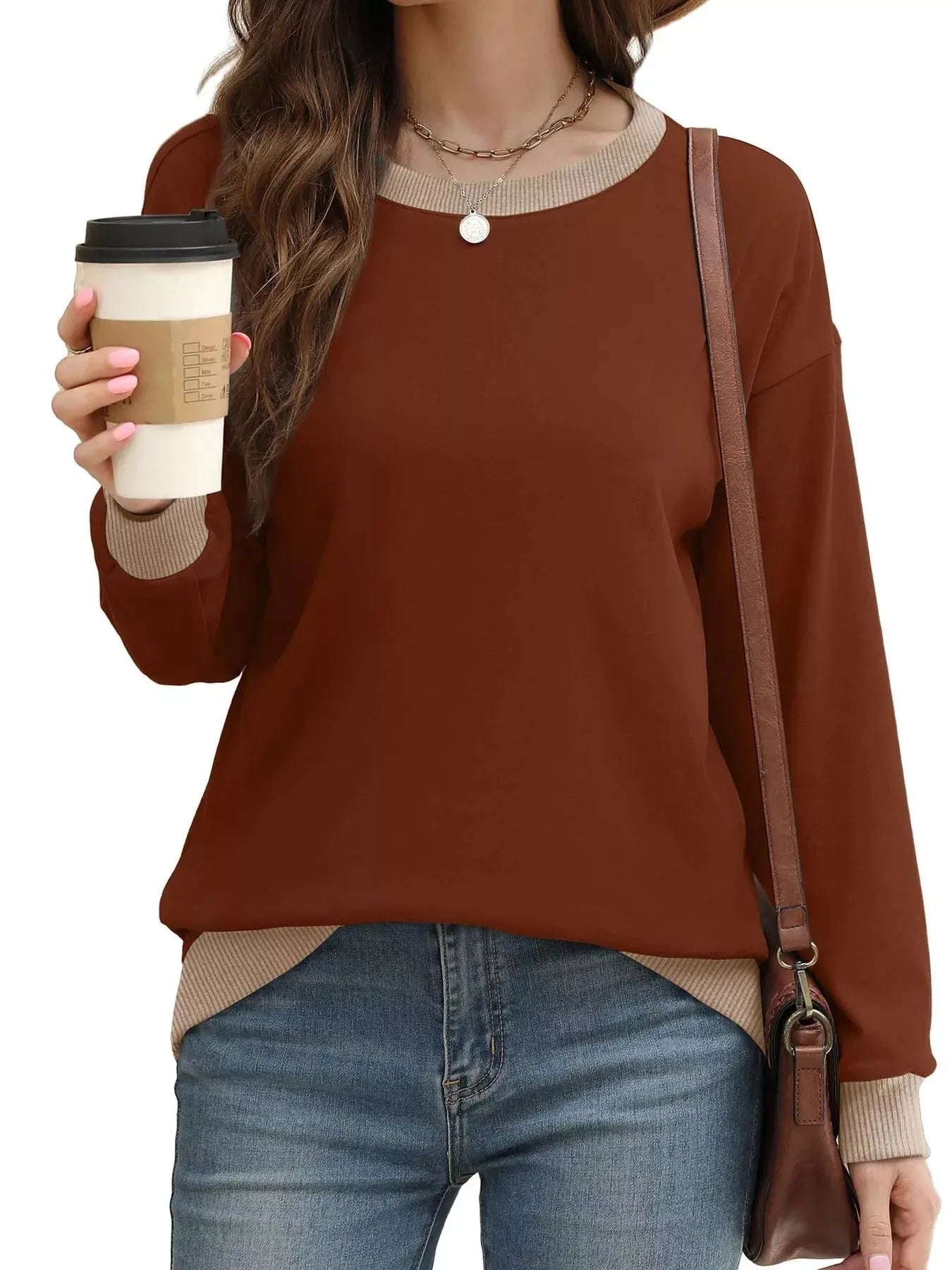 Contrast Trim Crew Neck Casual Sweatshirt Simply Love