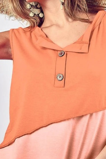 BiBi Color Block Contrast Stitching Buttoned Henley Top - Love Salve 