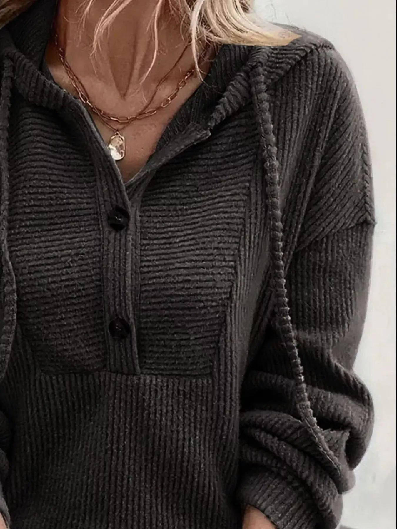Button-Front Drawstring Hoodie Simply Love