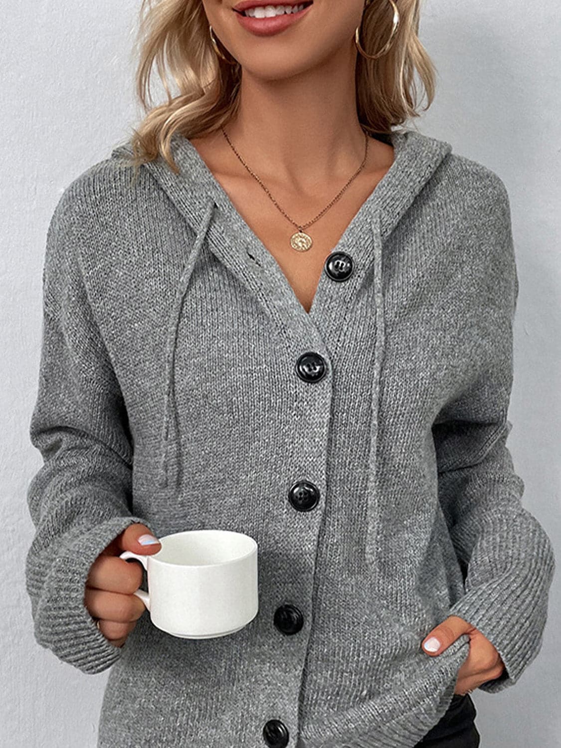 Drawstring Button Up Hooded Cardigan.