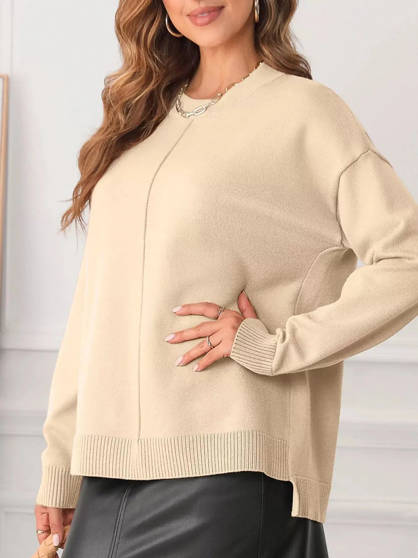 Front Center Seam Drop Shoulder Solid Sweater Simply Love