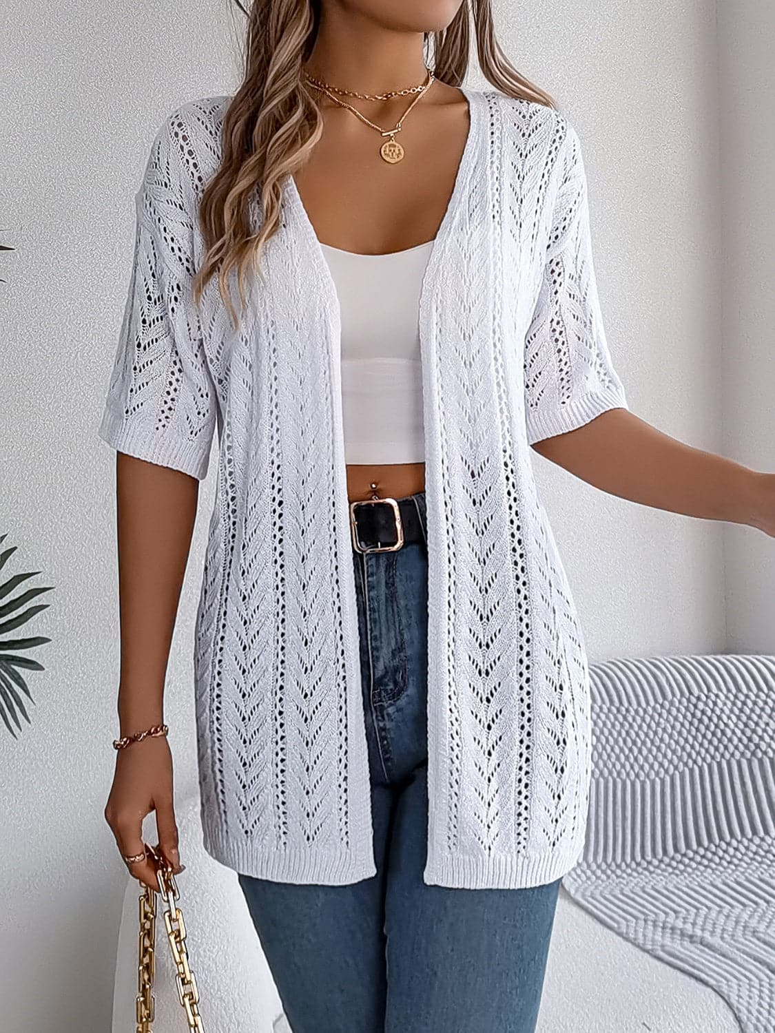 Openwork Open Front Half Sleeve Cardigan.