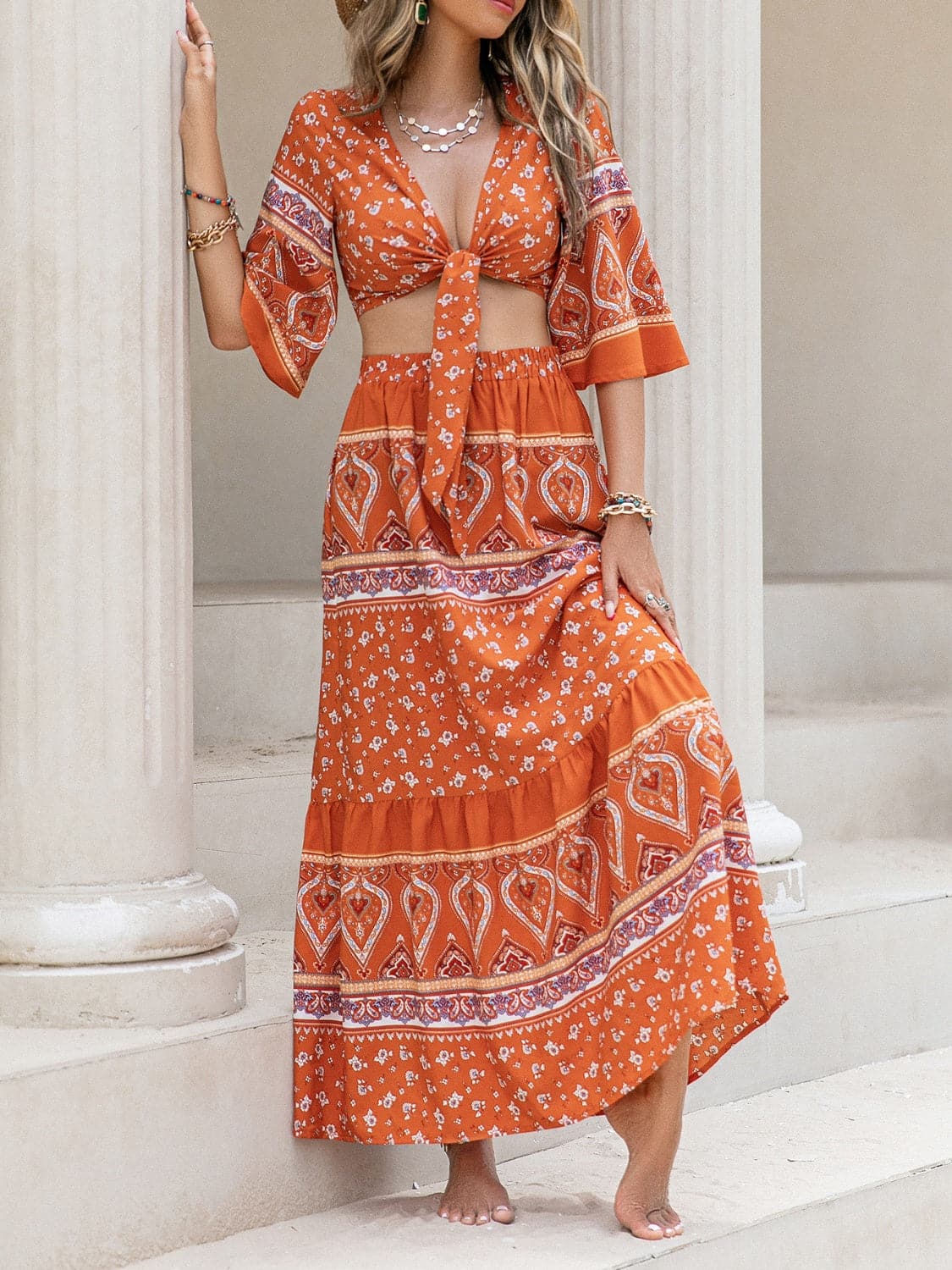 Printed Plunge Half Sleeve Top and Skirt Set.