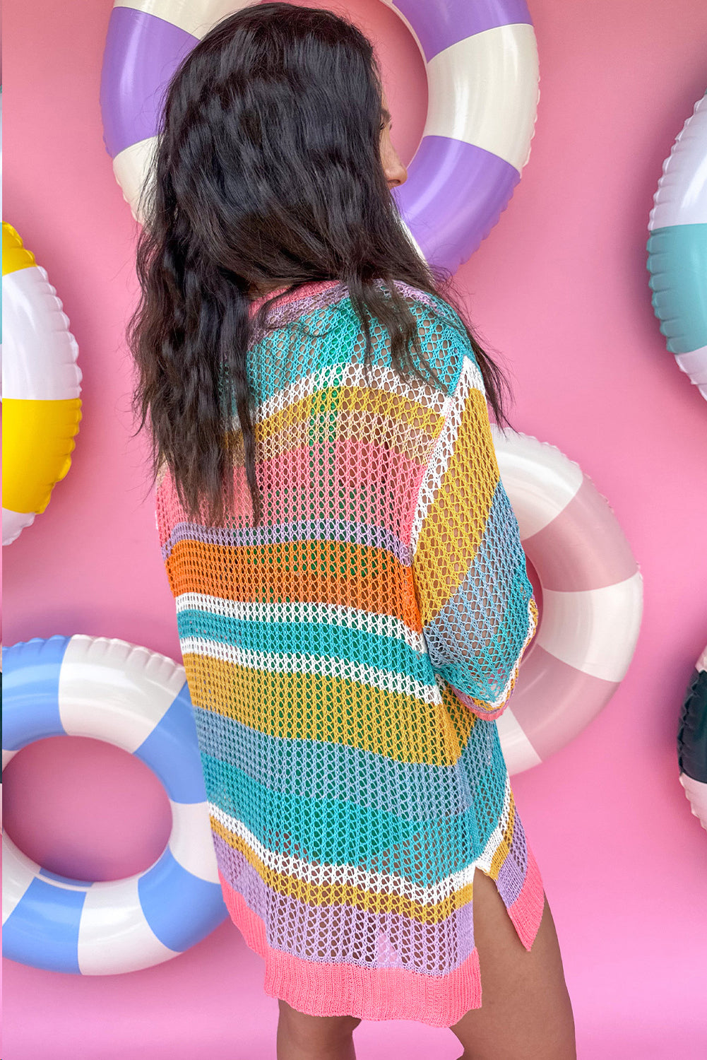 Plus Size Pink Stripe Open Knit Patch Pocket Sweater Dear-Lover Dropshipping