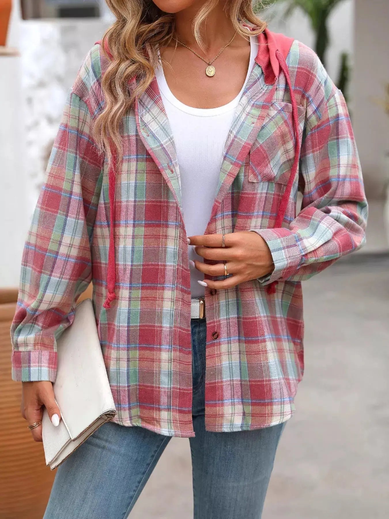 Hooded Plaid Button-Up Shirt Simply Love