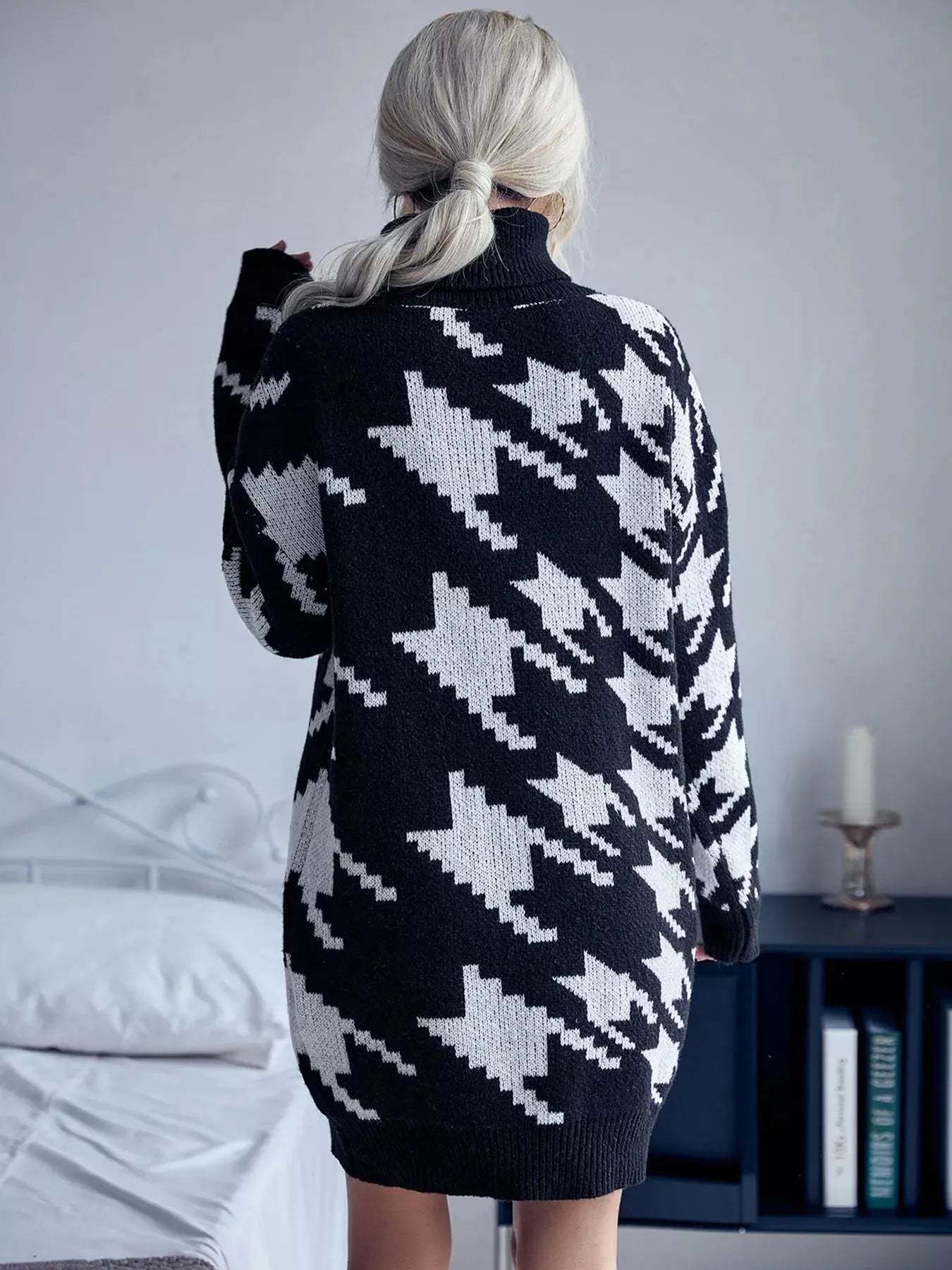 Houndstooth Pattern Turtleneck Sweater Dress Simply Love