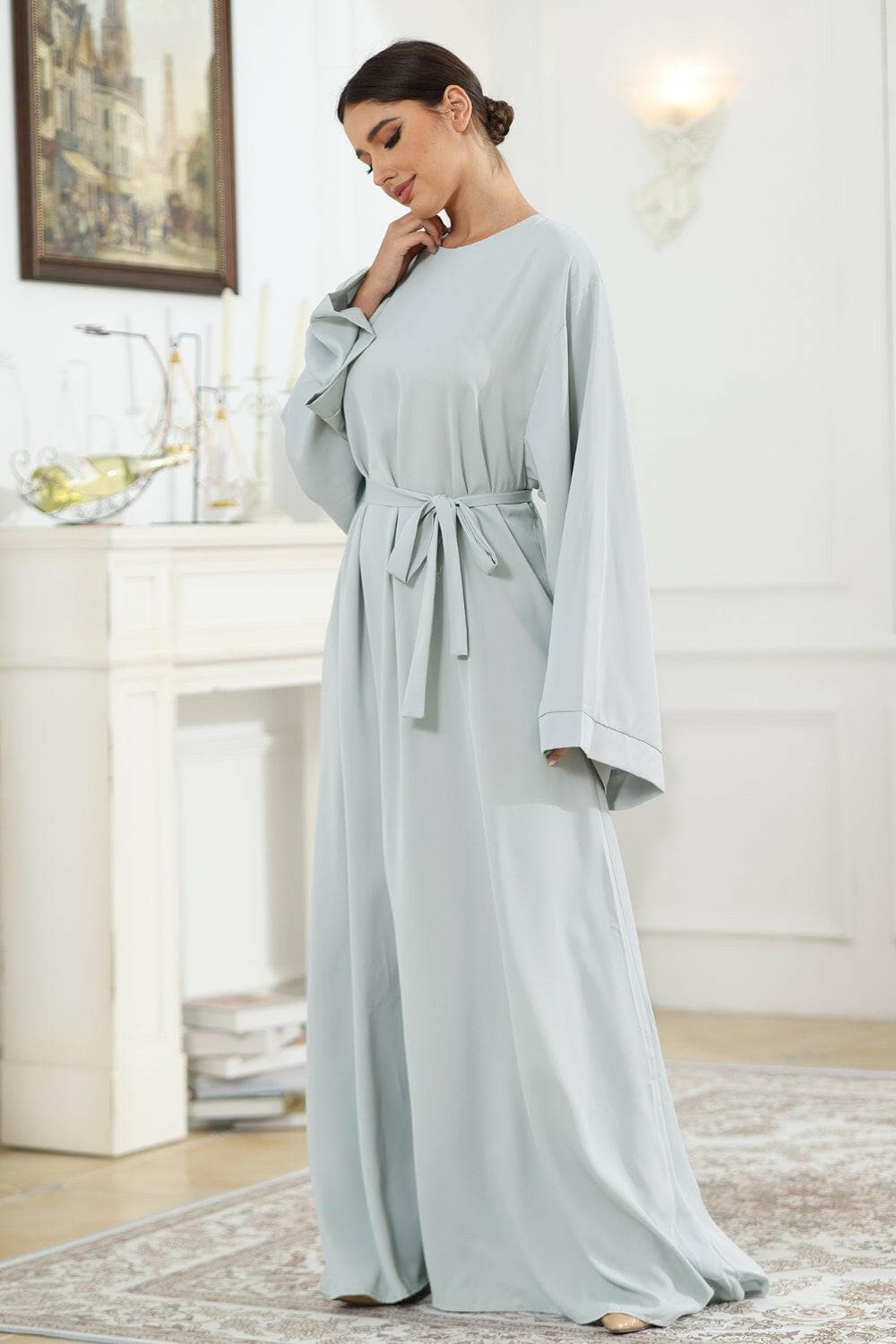 Round Neck Kimono Sleeve Tie Waist Dress.