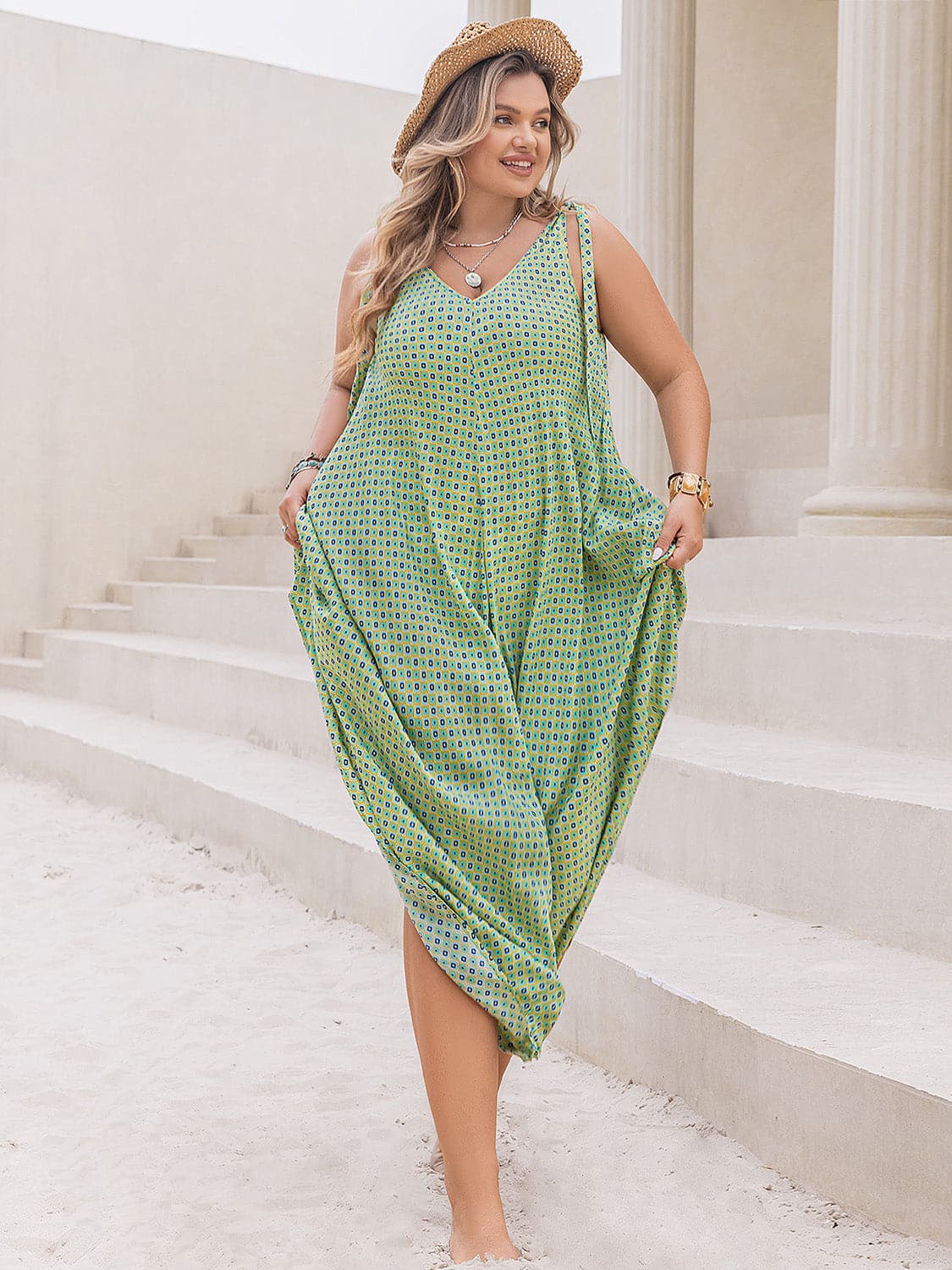 Plus Size Printed V-Neck Wide Leg Jumpsuit.