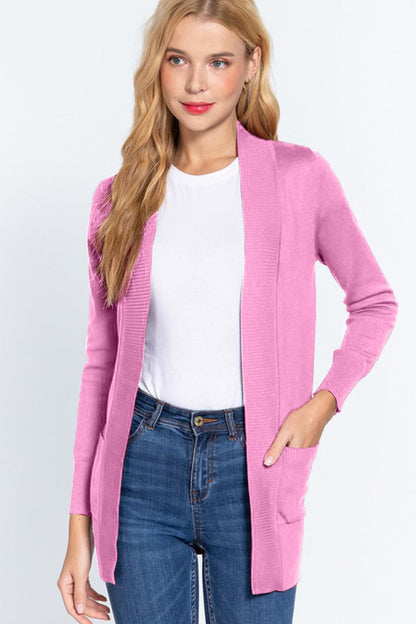 ACTIVE BASIC Ribbed Trim Open Front Cardigan.