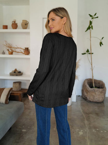 Slit Round Neck Long Sleeve T-Shirt.