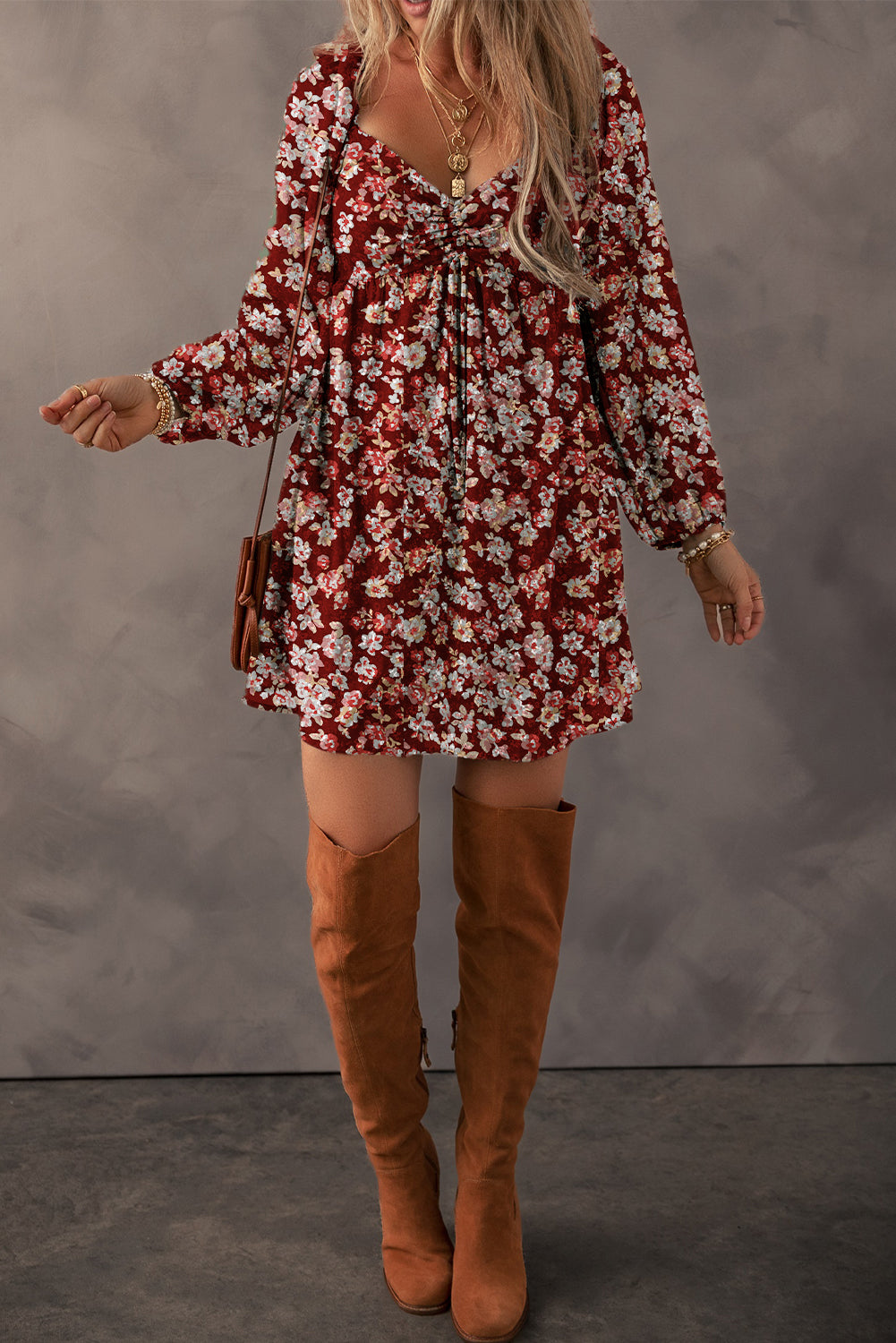 Charming red floral sweetheart mini dress with shirred back and bubble sleeves