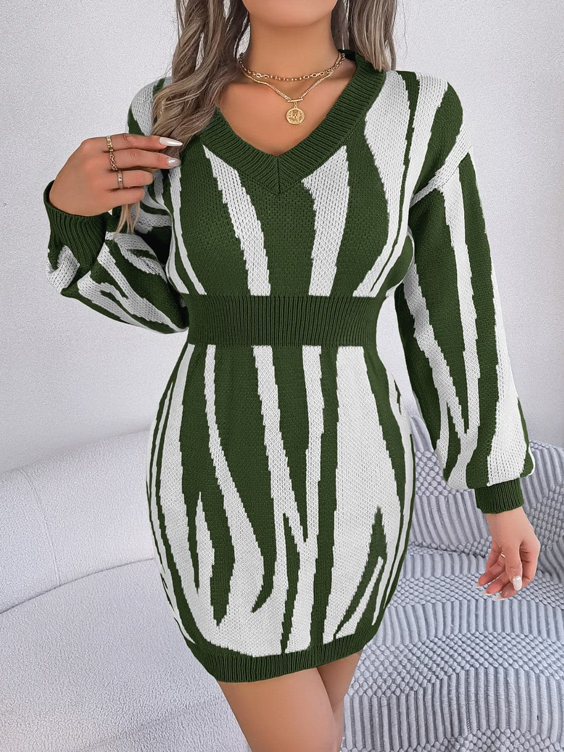 Animal Print V-Neck Long Sleeve Sweater Dress.