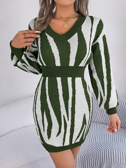 Animal Print V-Neck Long Sleeve Sweater Dress.