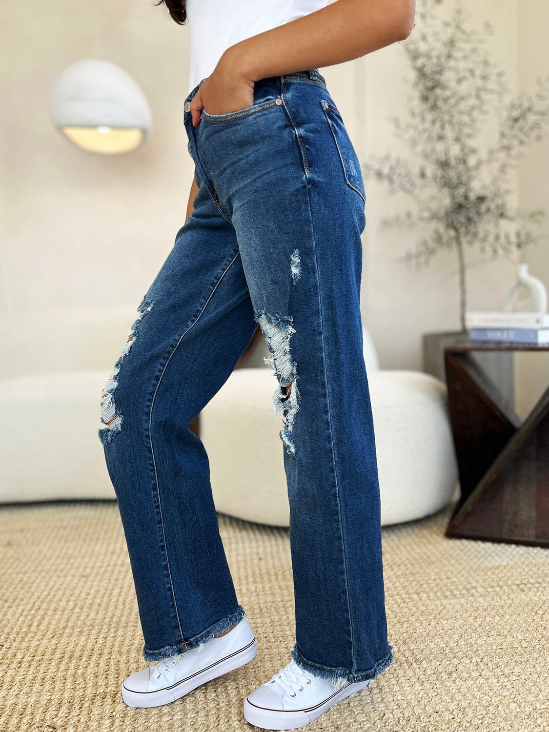 Judy Blue Full Size Mid Rise Distressed Raw Hem Jeans.