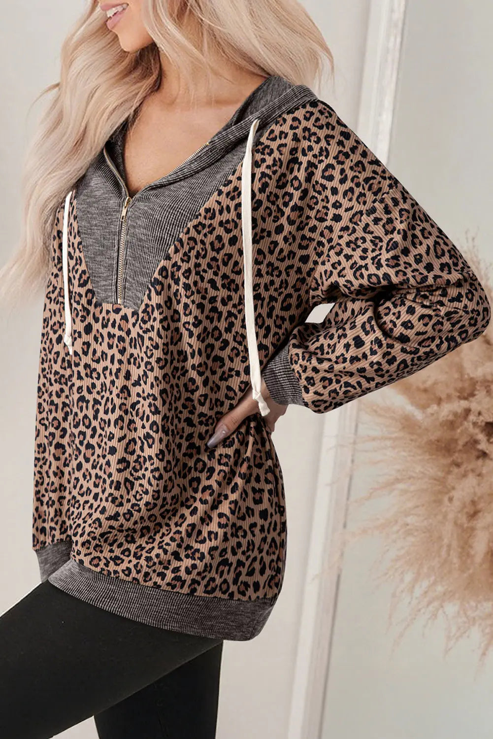 Khaki Ribbed Leopard Print Contrast Collar Zip Hooded Pullover Sweatshirt Dear-Lover Dropshipping