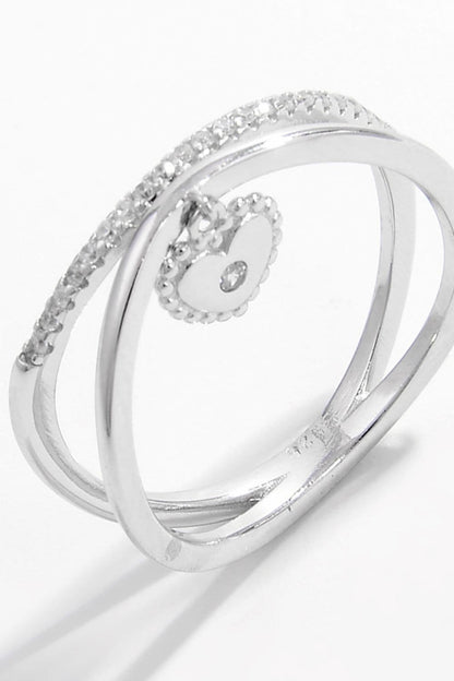 925 Sterling Silver Zircon Heart Charm Ring.