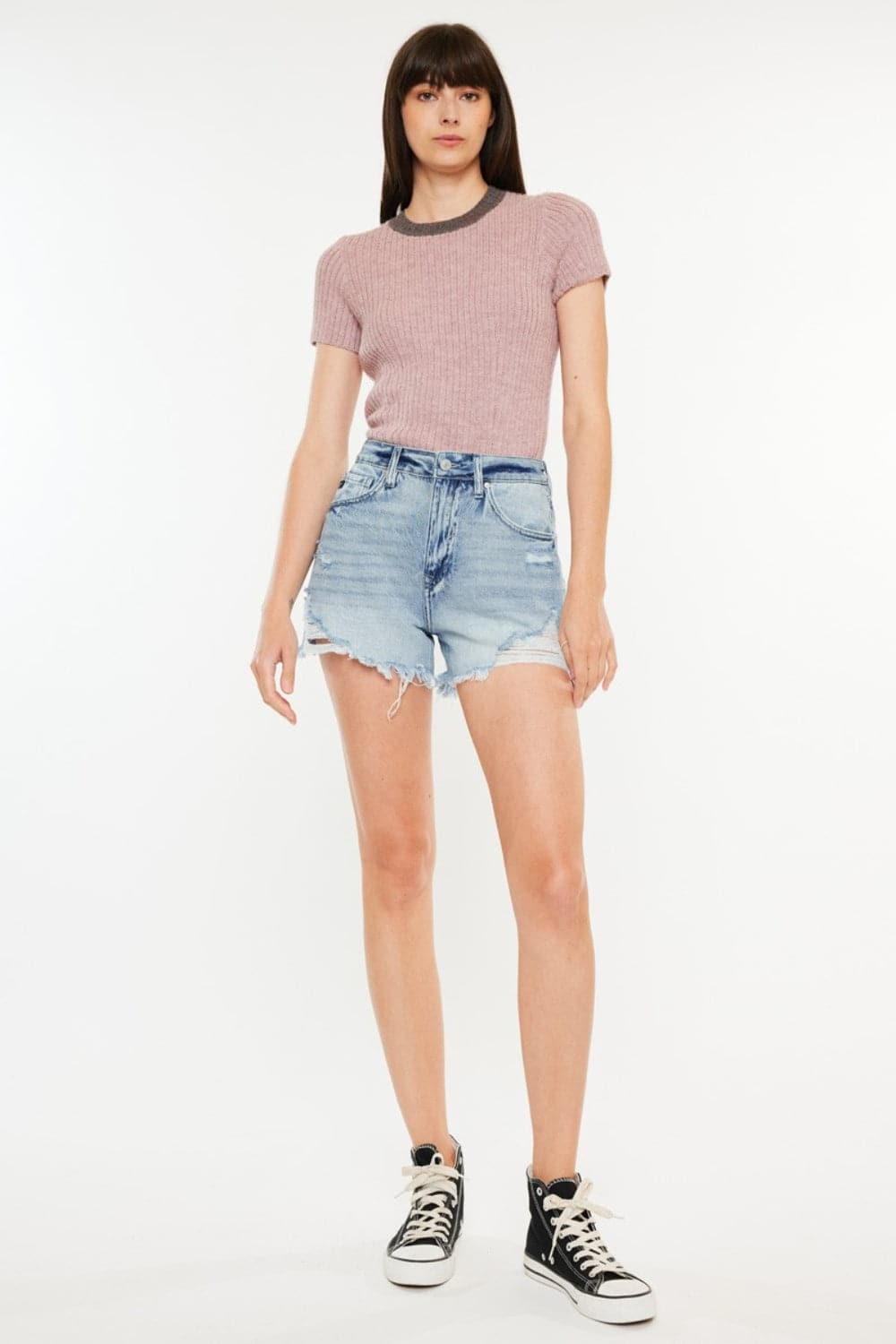 Kancan Distressed High Waist Denim Shorts with Pockets.