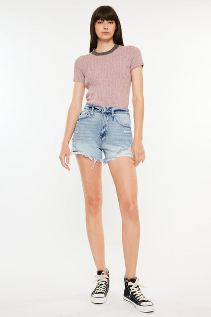 Kancan Distressed High Waist Denim Shorts with Pockets.