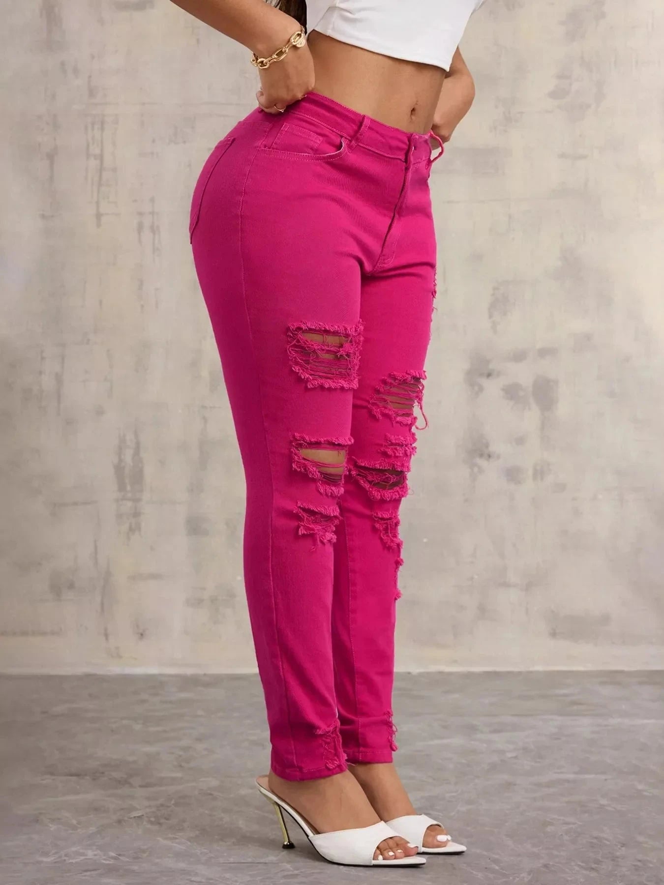 Fuchsia Fierce Distressed High-Waisted Skinny Jeans Coco’s Tee Boutique