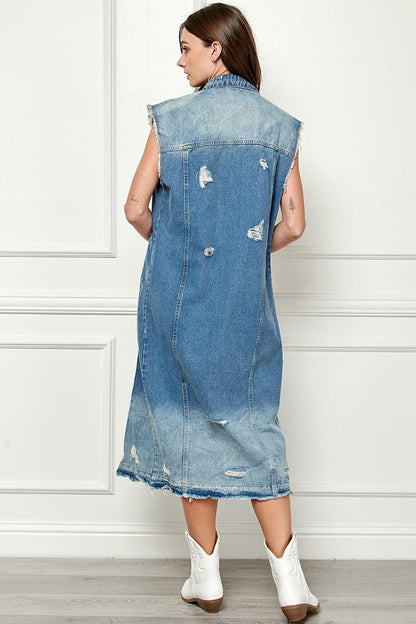 Veveret Full Size Distressed Sleeveless Longline Denim Jacket.