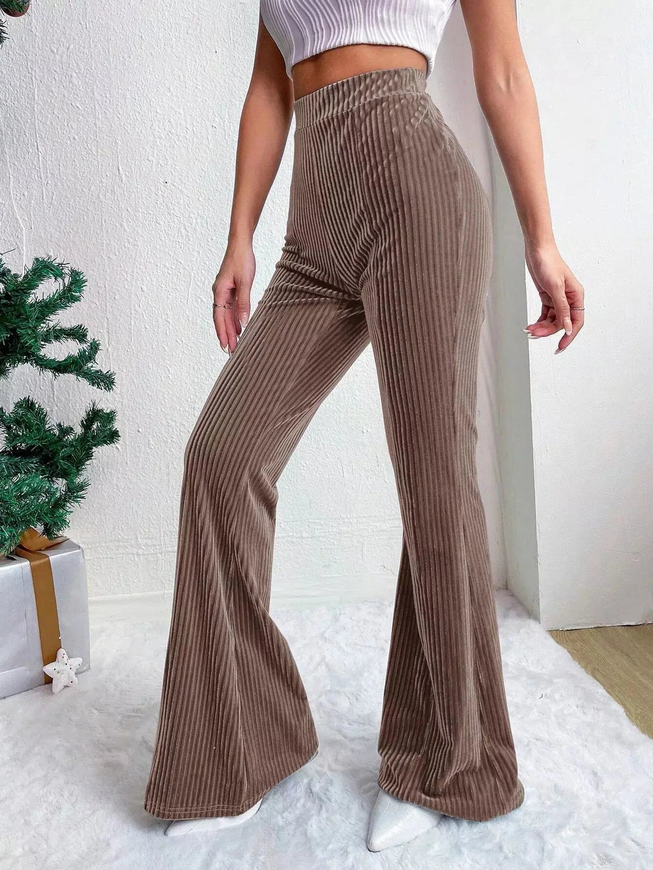 Womens Stretch Corduroy High Waist Wide Leg Flare Pants Simply Love