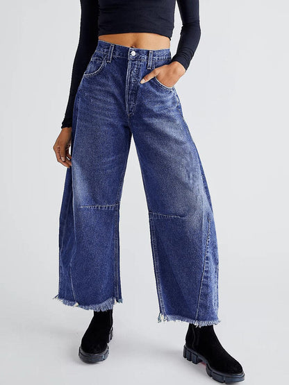 Raw Hem Wide Leg Jeans with Pockets.