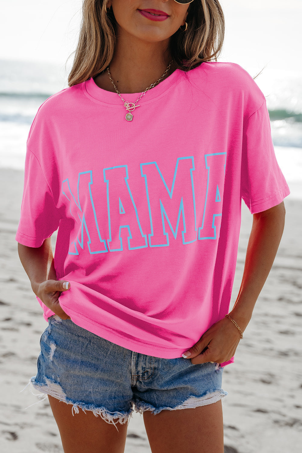 Bright Pink MAMA Letter Graphic Neon T Shirt for Moms