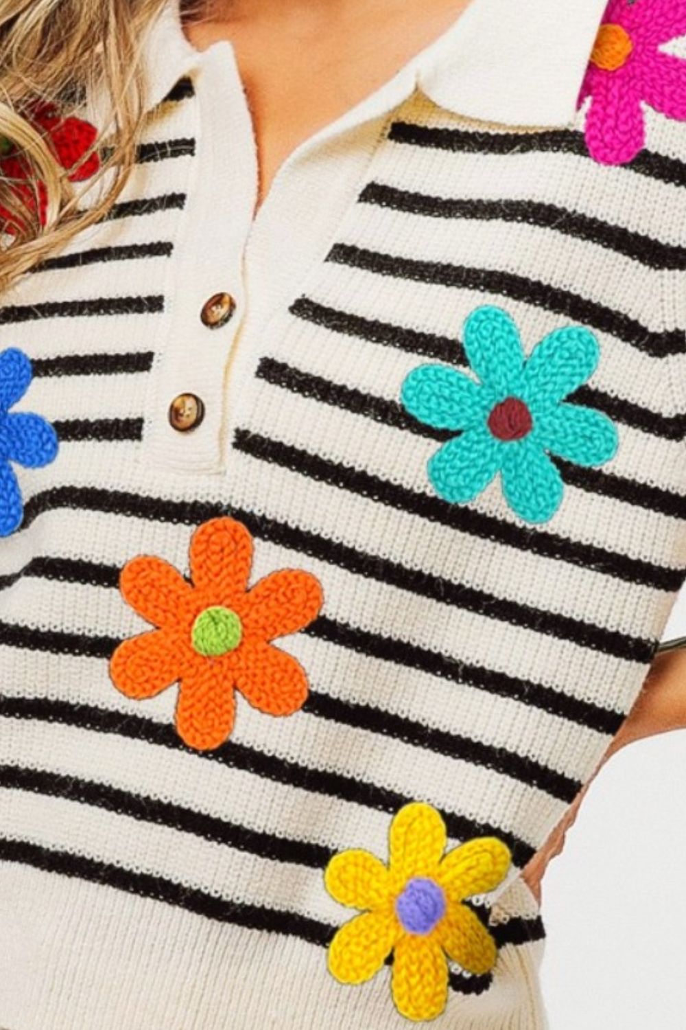 BiBi Flower Patch Striped Half Button Sweater Vest.