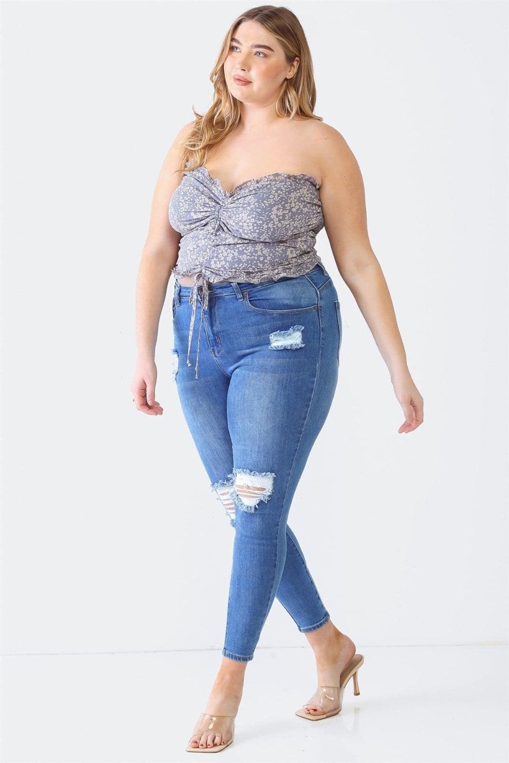 Zenobia Plus Size Drawstring Smocked Floral Tube Top.