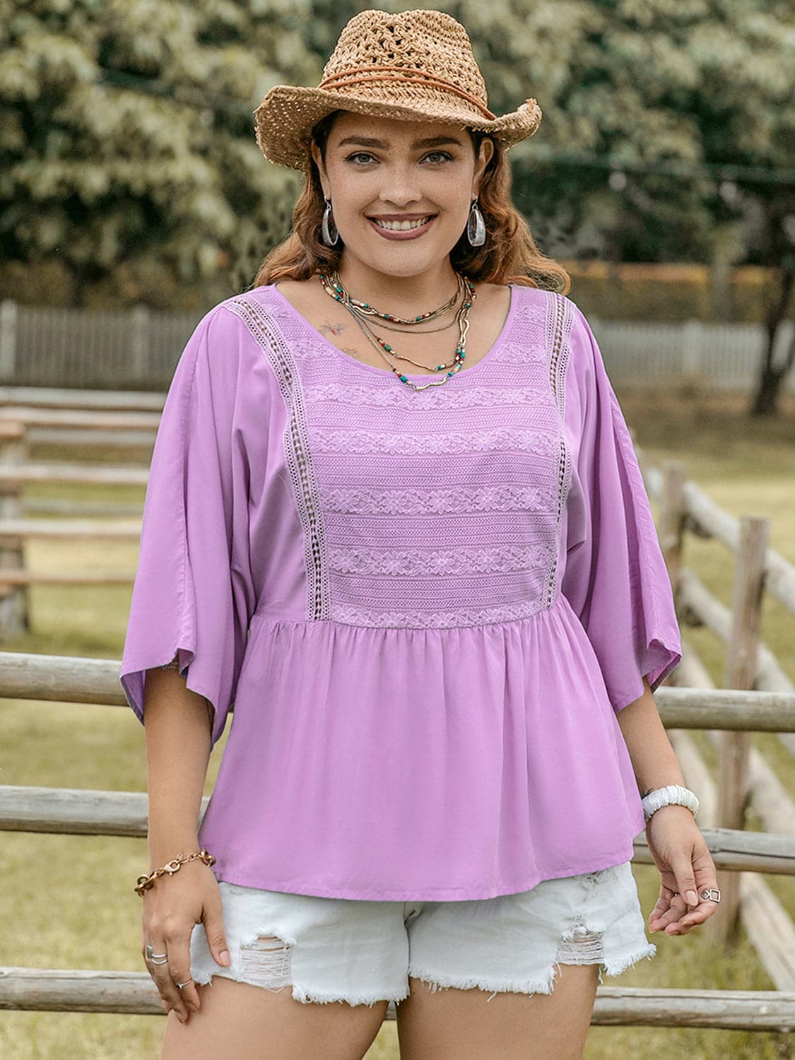 Plus Size Lace Detail Round Neck Three-Quarter Sleeve Blouse.