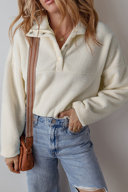 Cozy chic: White fleece placket collar sweatshirt with drop shoulders