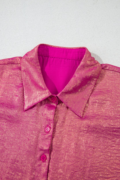 Rose Red Metallic Sheen Short Sleeve Buttoned Front Shirt