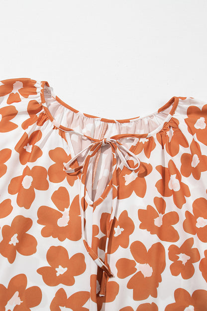 Floral Delight: Plus Size Orange V Neck Blouse with Drawstring Detail