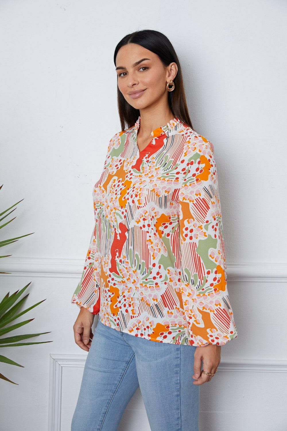 Floral Frill Notched Long Sleeve Blouse.