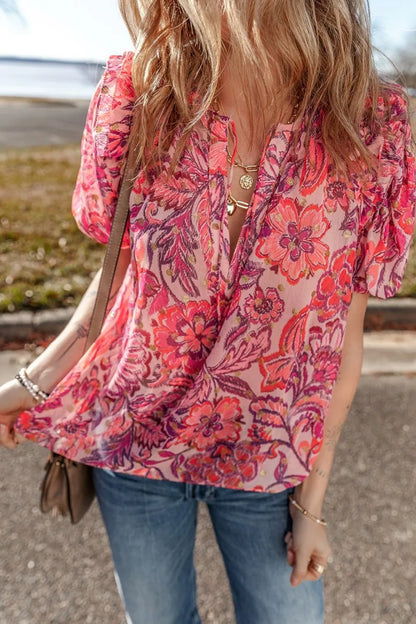Floral Print Ruffled Puff Short Sleeve Blouse