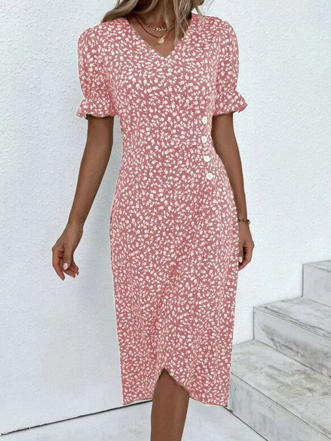 Full Size Printed Surplice Flounce Sleeve Midi Dress.