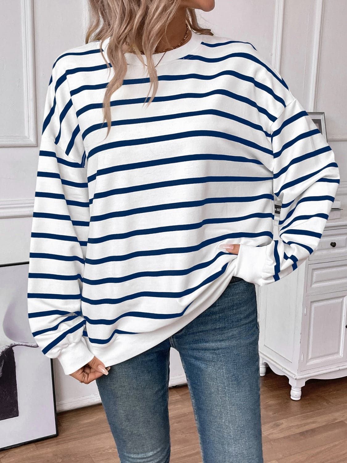 Striped Round Neck Long Sleeve Sweatshirt.