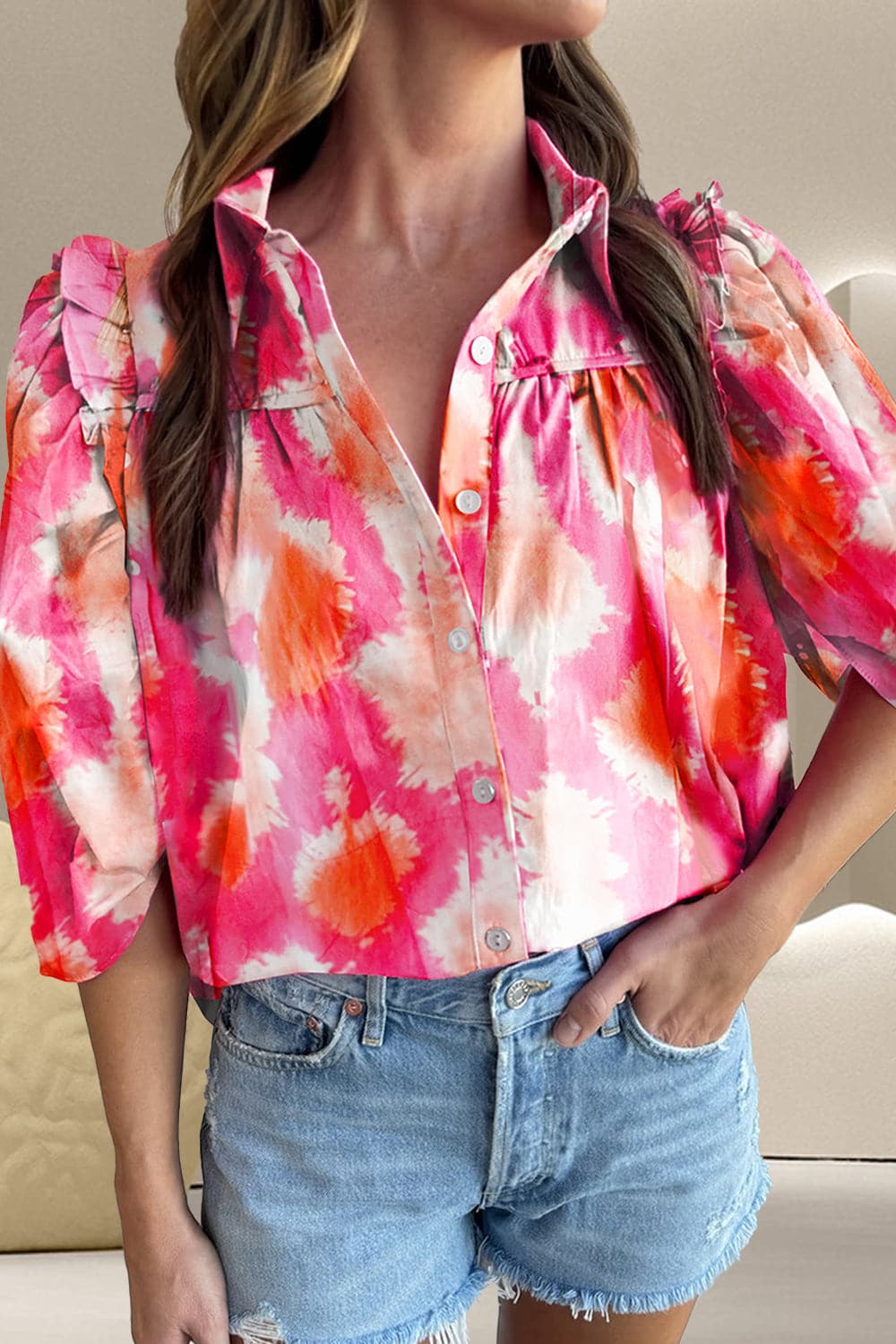 Frill Contrast Print Collared Neck Half Sleeve Shirt.