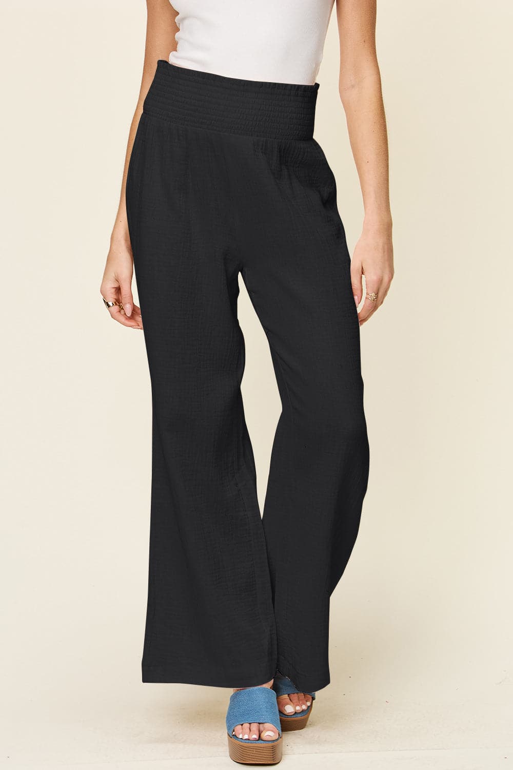 Double Take Full Size Texture Smocked Waist Wide Leg Pants.