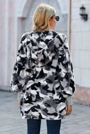 Cozy gray camo fleece hooded coat