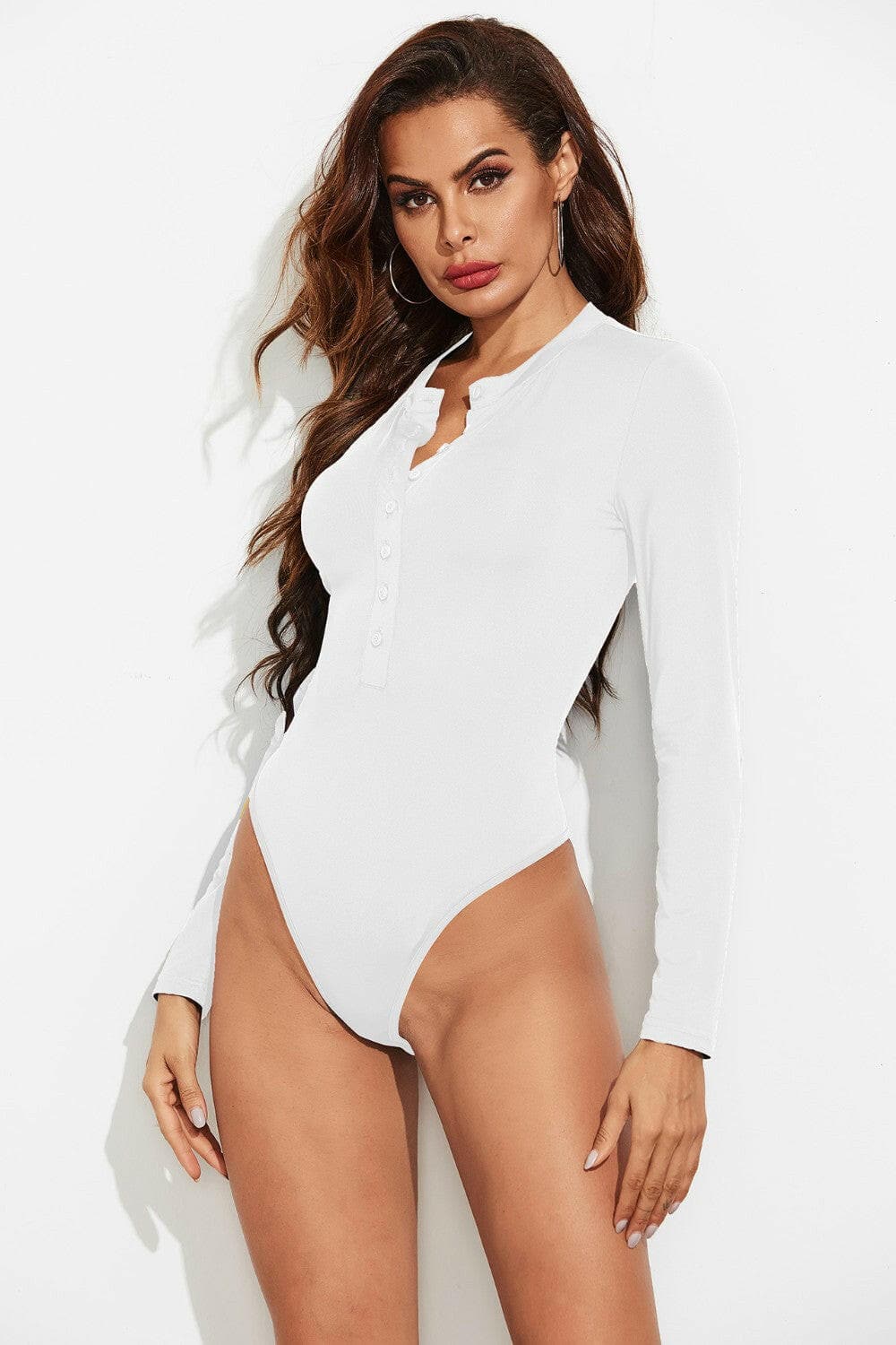 Half Button Round Neck Long Sleeve Bodysuit.