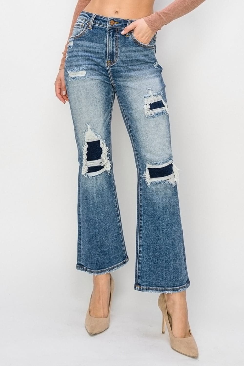 Risen Full Size High Rise Distressed Ankle Flare Jeans.