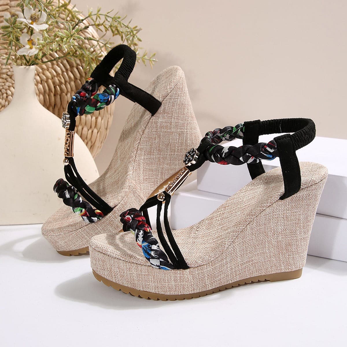 Braided Strap Wedge Sandals.